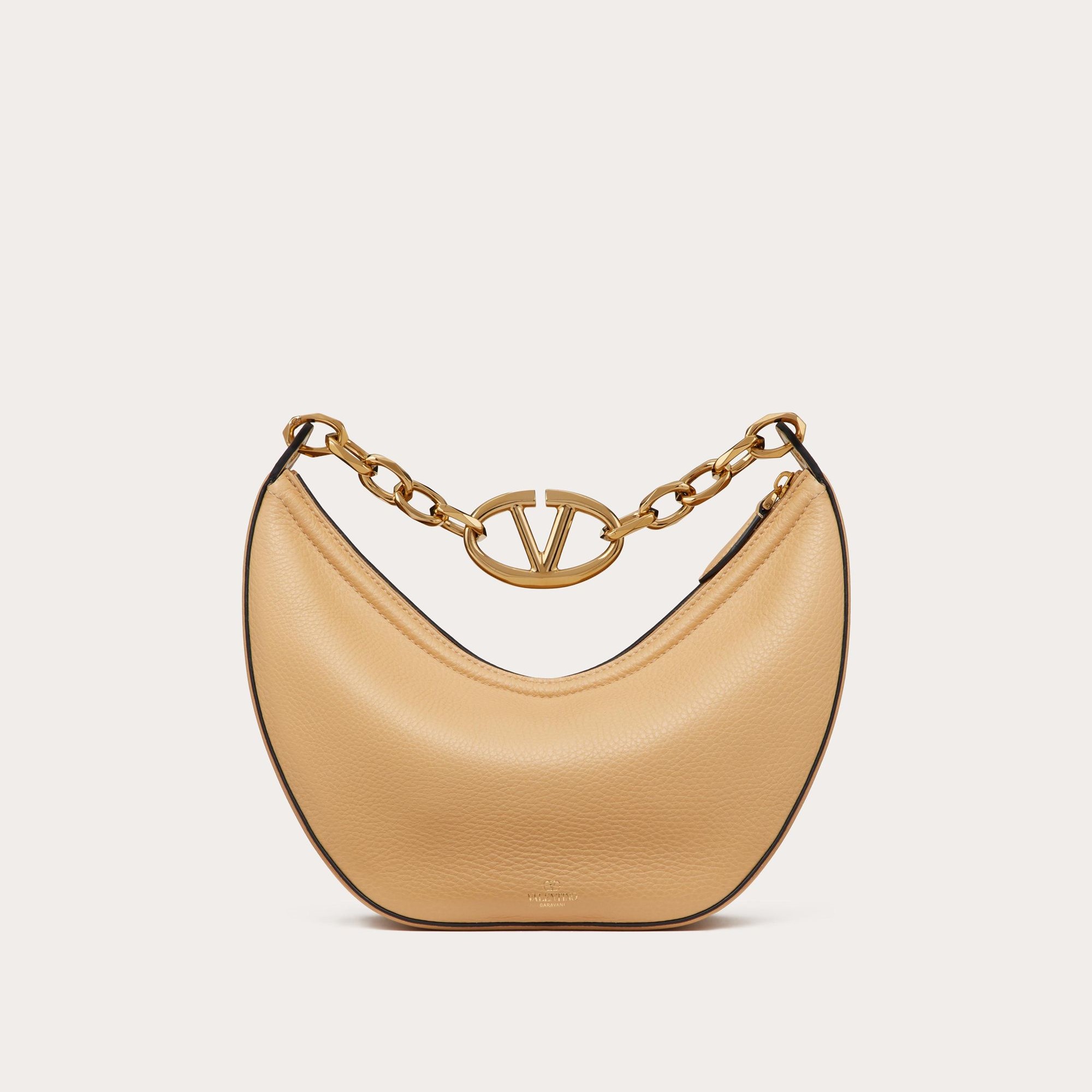 SMALL VLOGO MOON HOBO BAG IN GRAINY CALFSKIN WITH CHAIN, CAPPICCINO