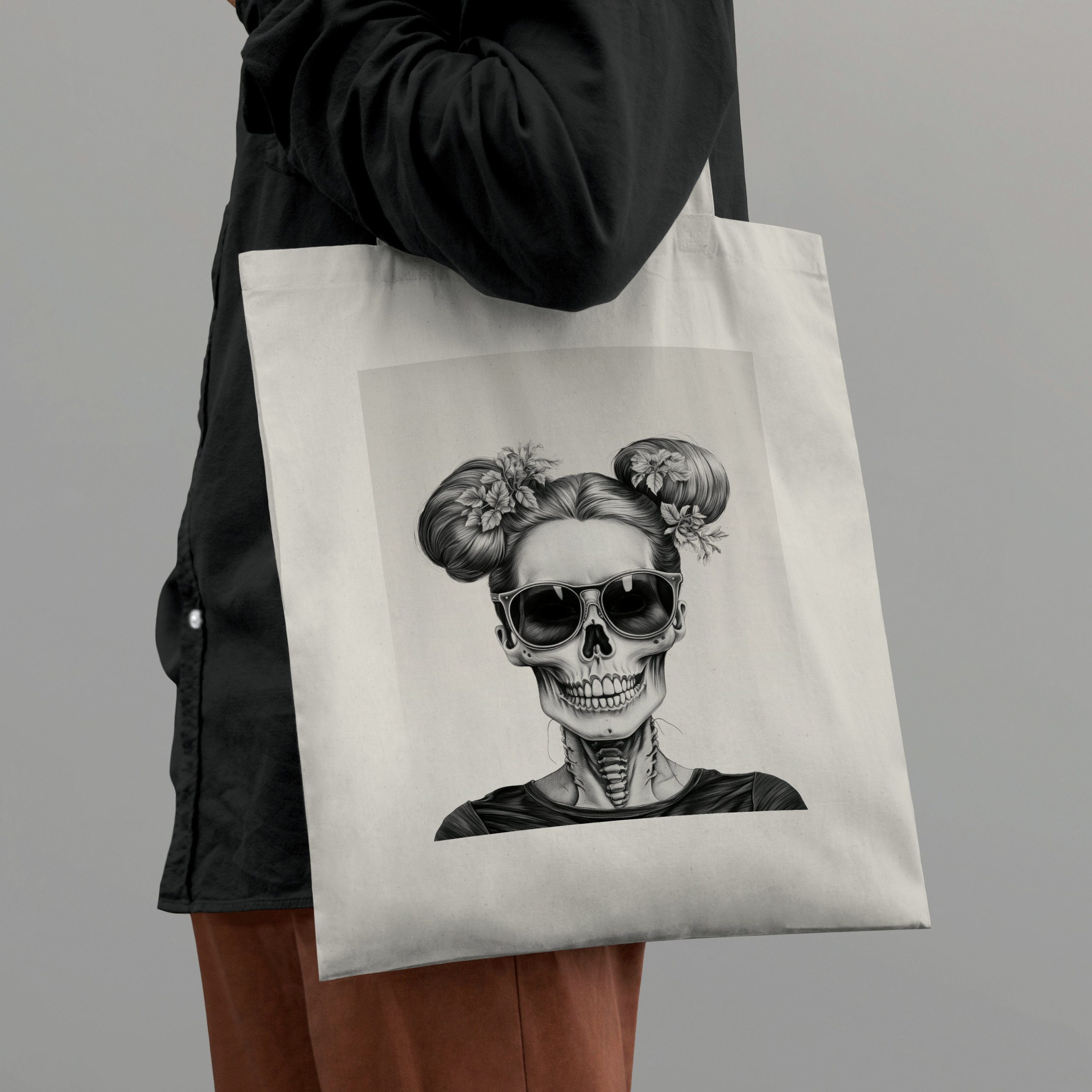 Messy Bun Skull Tote Bag with Black and White Skeleton Portrait