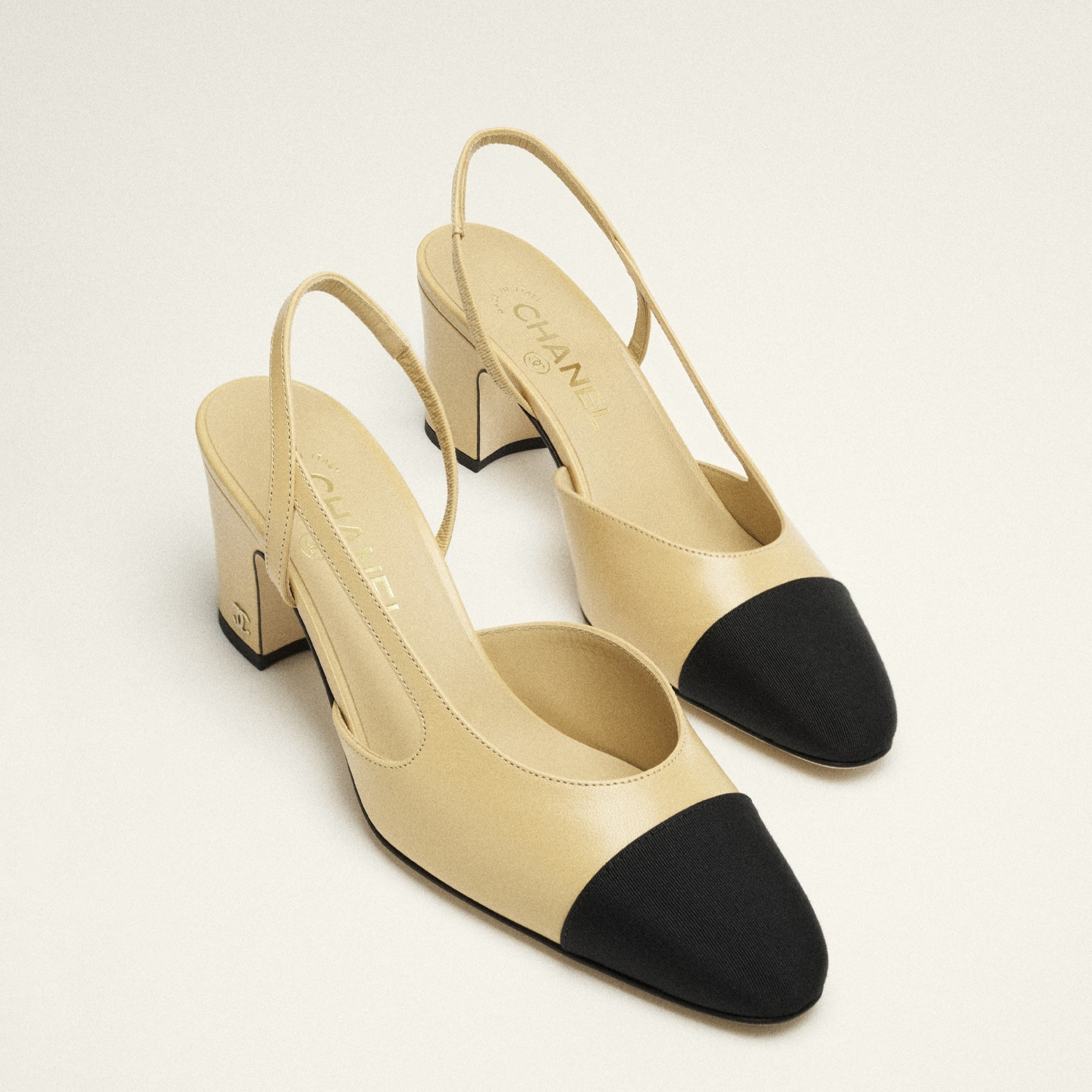 SLINGBACKS, BEIGE AND BLACK