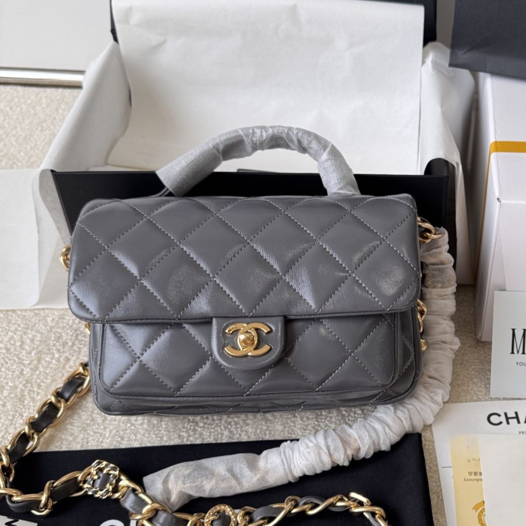 MINI FLAP BAG WITH TOP HANDLE, SHINY CALFSKIN – GRAY